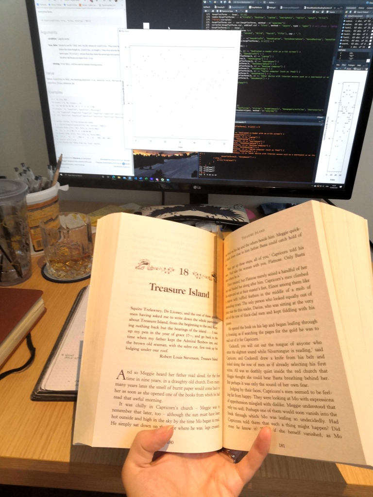 Picture of Inkheart's chapter 18 with a computer on the background.