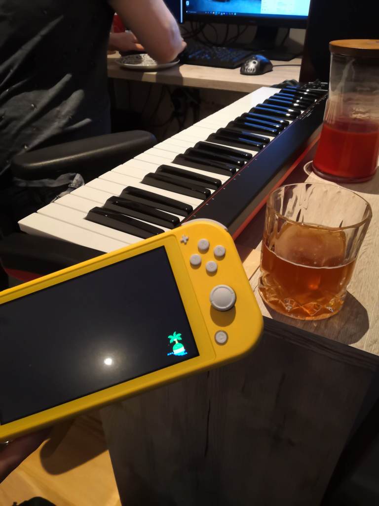 A picture of Animal Crossing loading screen on a Nintendo Switch lite. On the background is a piano, a glass of sour beer and Mikko typing on a computer