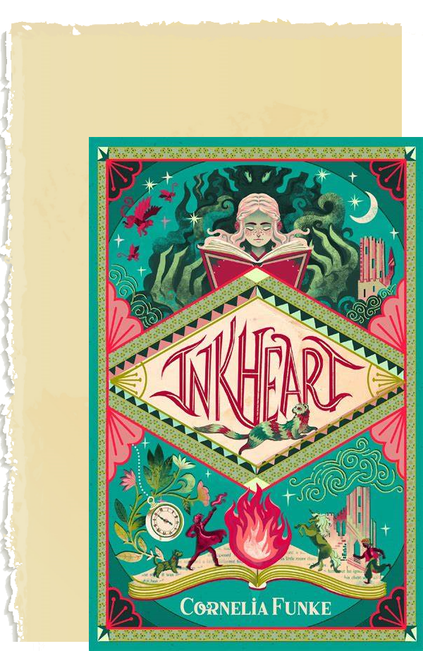 Cover of Inkheart by Cornelia Funke, newly designed by Chicken House. The design is green with a girl reading a book on the top, and a person, a dog and a horse standing on another book at the bottom.