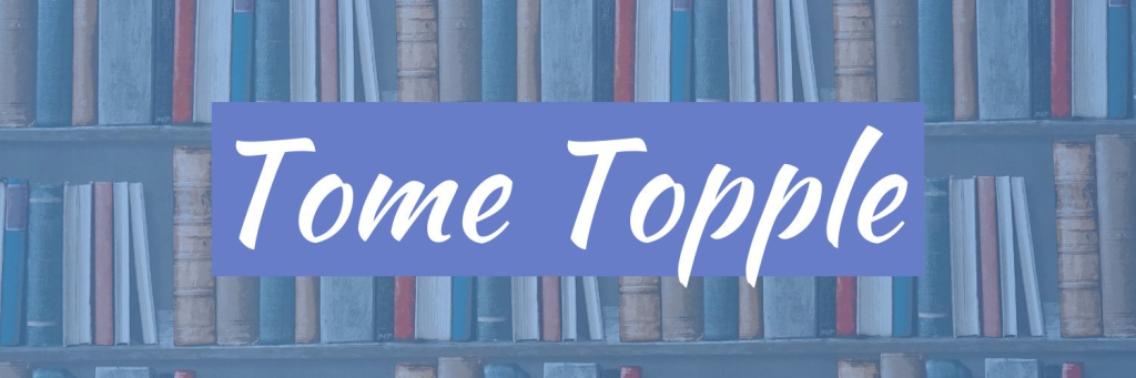 Tome topple banner, blue background with book spines 